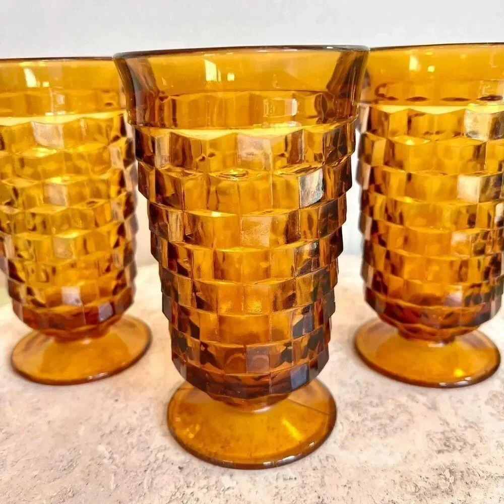 Vintage Indiana Glass Amber Whitehall Cubist Pedestal Drinking Glasses Set of 3‎